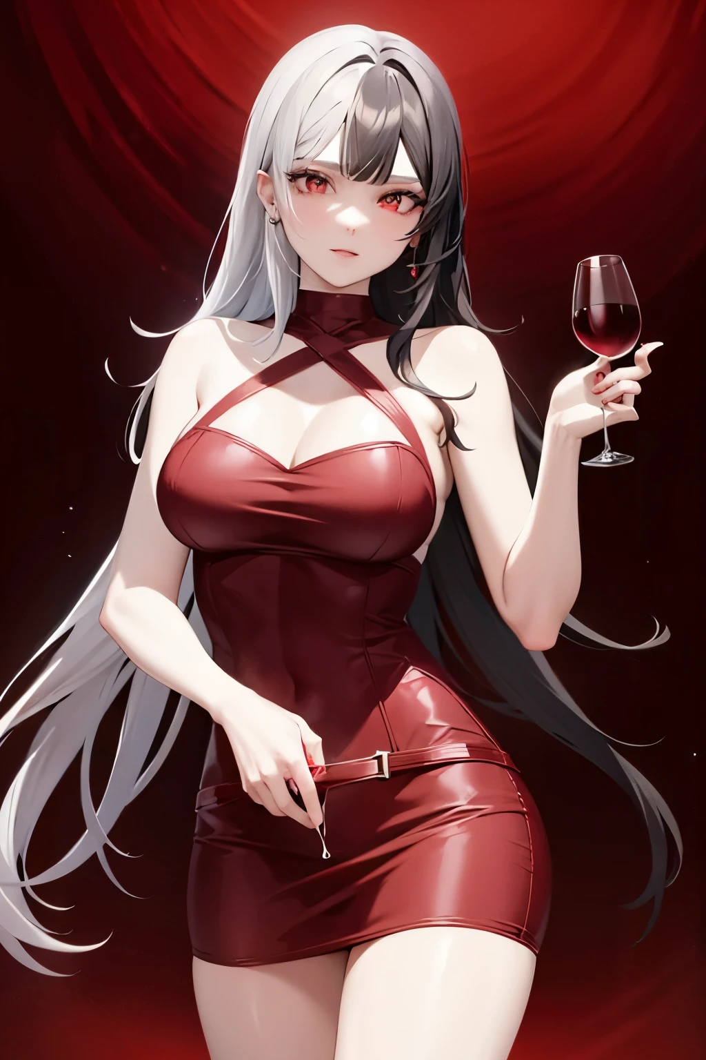 Molly Redwine mit geteilter Frisur, schwarz-silbernem Haar und einem Glas Wein in einer Hand, roter fantasiehintergrund
