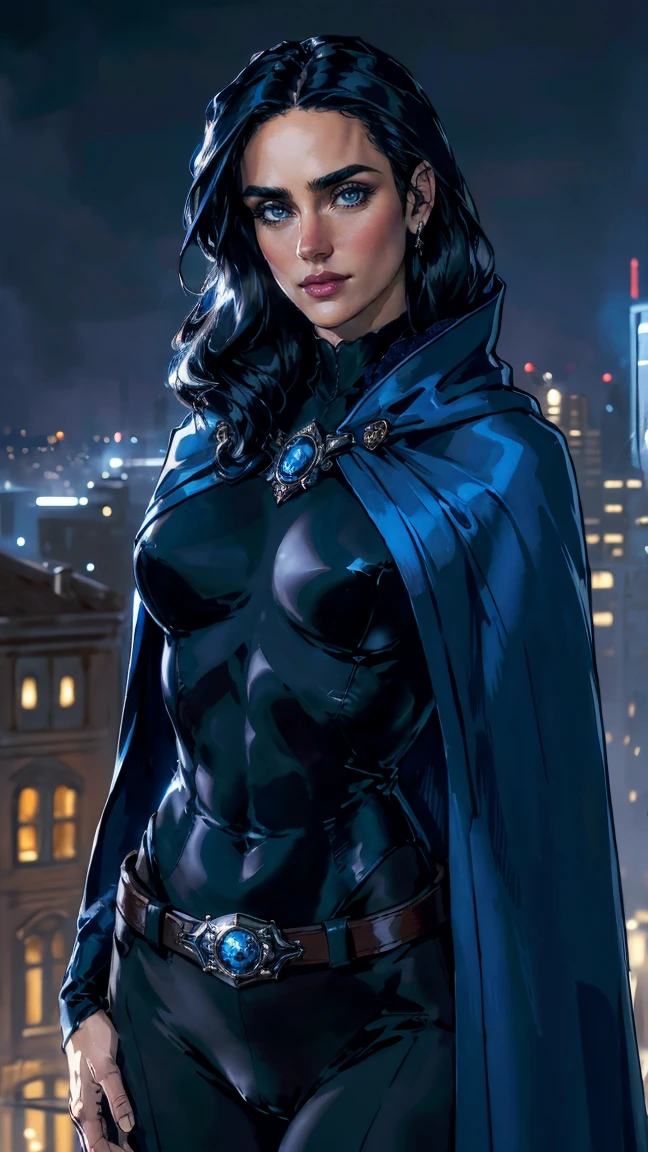 obra maestra, Jennifer Connelly, tiro de vaquero, raventt, wearing a sexy raventt navy-blue cloak, leotardo negro, broche, cinturón, ojos perfectos y detallados, sonrisa delicada en tu cara, en lo alto de un loft en la ciudad de Los Ángeles por la noche con edificios y luces al fondo aportando un aire elegante y moderno a la escena.