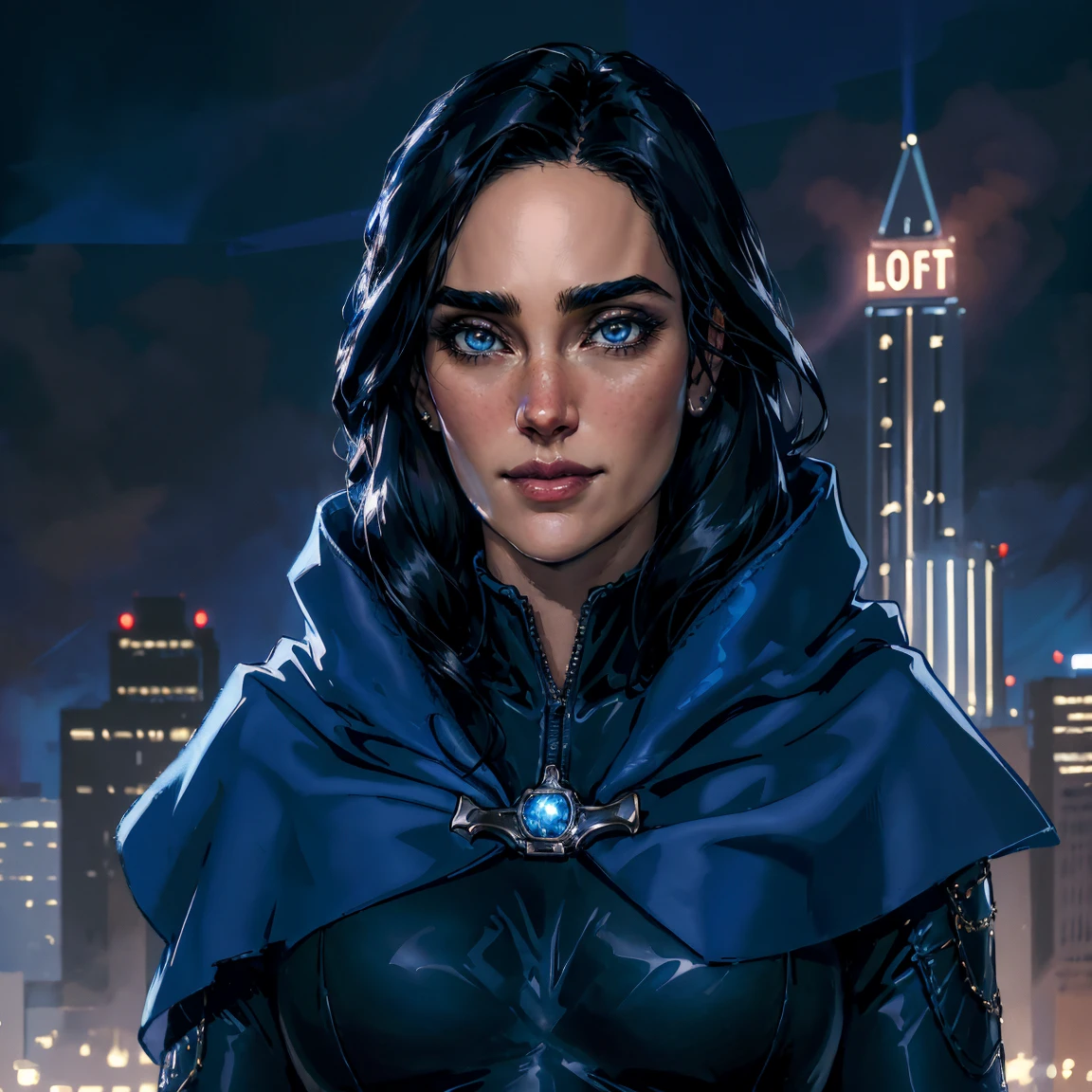 Masterpiece, Jennifer Connelly, cowboy shot, RavenTT, wearing a sexy RavenTT navy-blue cloak, black leotard, brooch, belt, perfect detailed eyes, delicate smile on your face, on the top of a loft in Los Angeles City at night with buildings and lights in the background bringing an elegant and modern air to the scene.