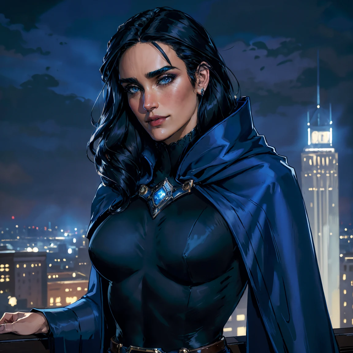Masterpiece, Jennifer Connelly, cowboy shot, RavenTT, wearing a sexy RavenTT navy-blue cloak, black leotard, brooch, belt, perfect detailed eyes, delicate smile on your face, on the top of a loft in Los Angeles City at night with buildings and lights in the background bringing an elegant and modern air to the scene.