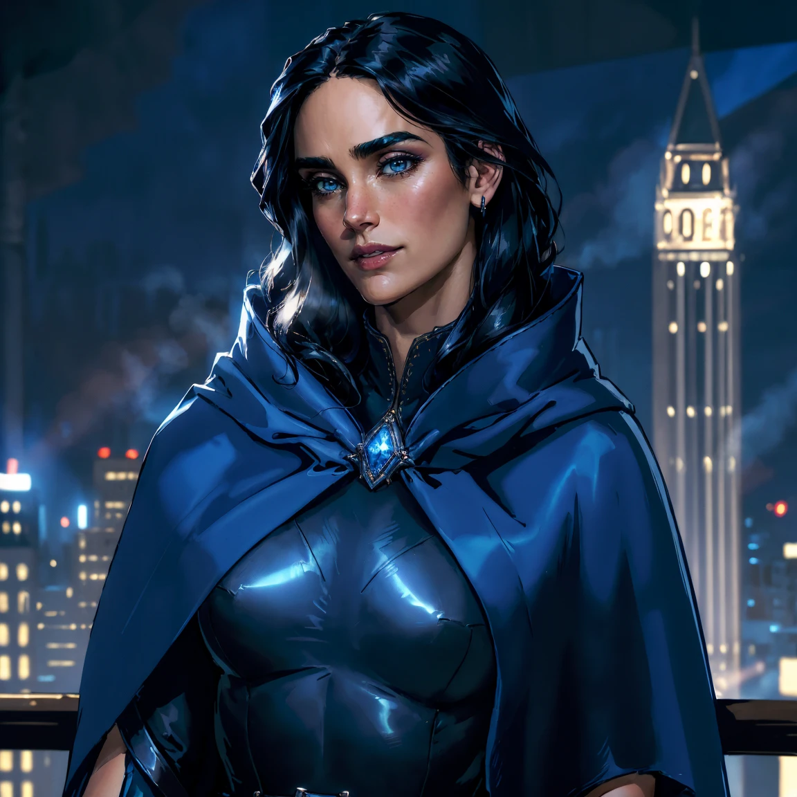 obra maestra, Jennifer Connelly, tiro de vaquero, raventt, wearing a sexy raventt navy-blue cloak, leotardo negro, broche, cinturón, ojos perfectos y detallados, sonrisa delicada en tu cara, en lo alto de un loft en la ciudad de Los Ángeles por la noche con edificios y luces al fondo aportando un aire elegante y moderno a la escena.