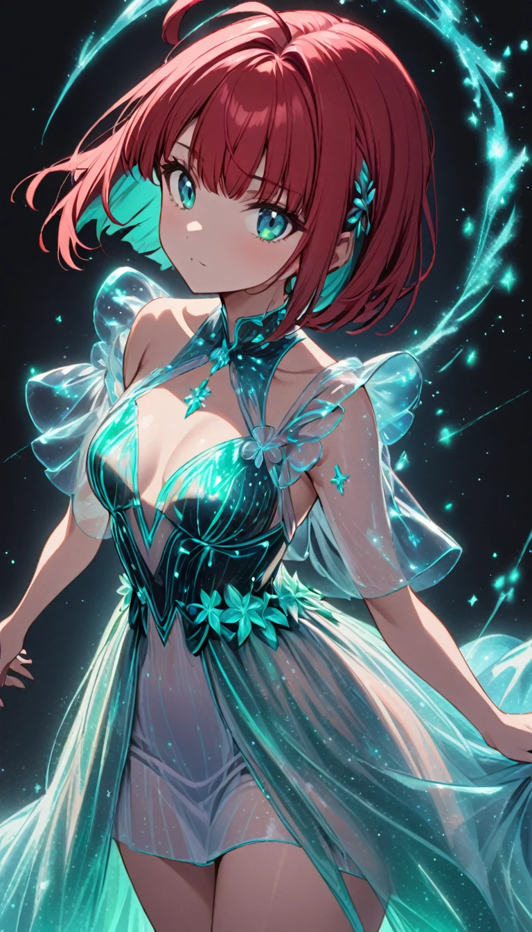 1girl,rubyred hair,bowlcut hair,half circle ahoge,blue green eyes,bioluminescent dress,dark background,cowboy shot