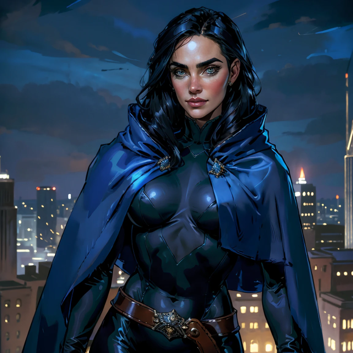 obra maestra, Jennifer Connelly, tiro de vaquero, raventt, wearing a sexy raventt navy-blue cloak, leotardo negro, broche, cinturón, ojos perfectos y detallados, sonrisa delicada en tu cara, en lo alto de un loft en la ciudad de Los Ángeles por la noche con edificios y luces al fondo aportando un aire elegante y moderno a la escena.