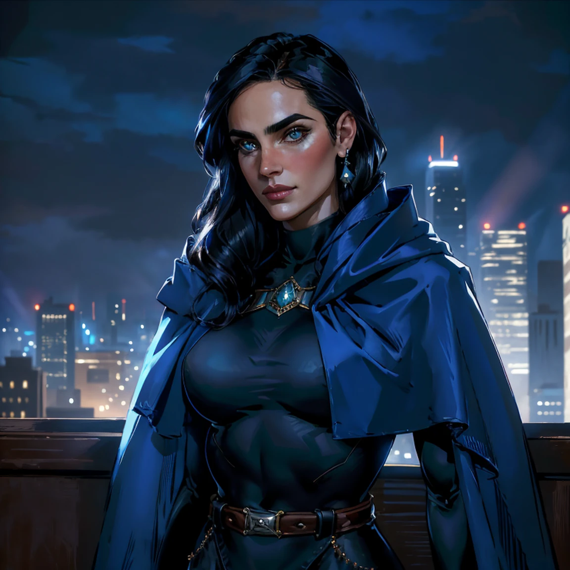 Masterpiece, Jennifer Connelly, cowboy shot, RavenTT, wearing a sexy RavenTT navy-blue cloak, black leotard, brooch, belt, perfect detailed eyes, delicate smile on your face, on the top of a loft in Los Angeles City at night with buildings and lights in the background bringing an elegant and modern air to the scene.