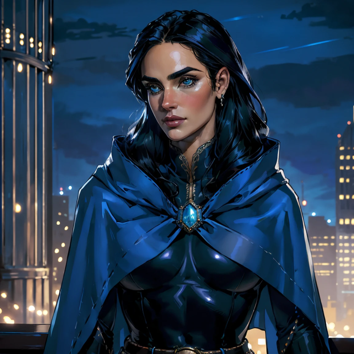 obra de arte, Jennifer Connelly, tiro de vaqueiro, RavenTT, vestindo uma capa sexy RavenTT azul marinho, Collant preto, broche, cinto, olhos detalhados perfeitos, sorriso delicado em seu rosto, no topo de um loft na cidade de Los Angeles à noite com prédios e luzes ao fundo trazendo um ar elegante e moderno ao cenário.