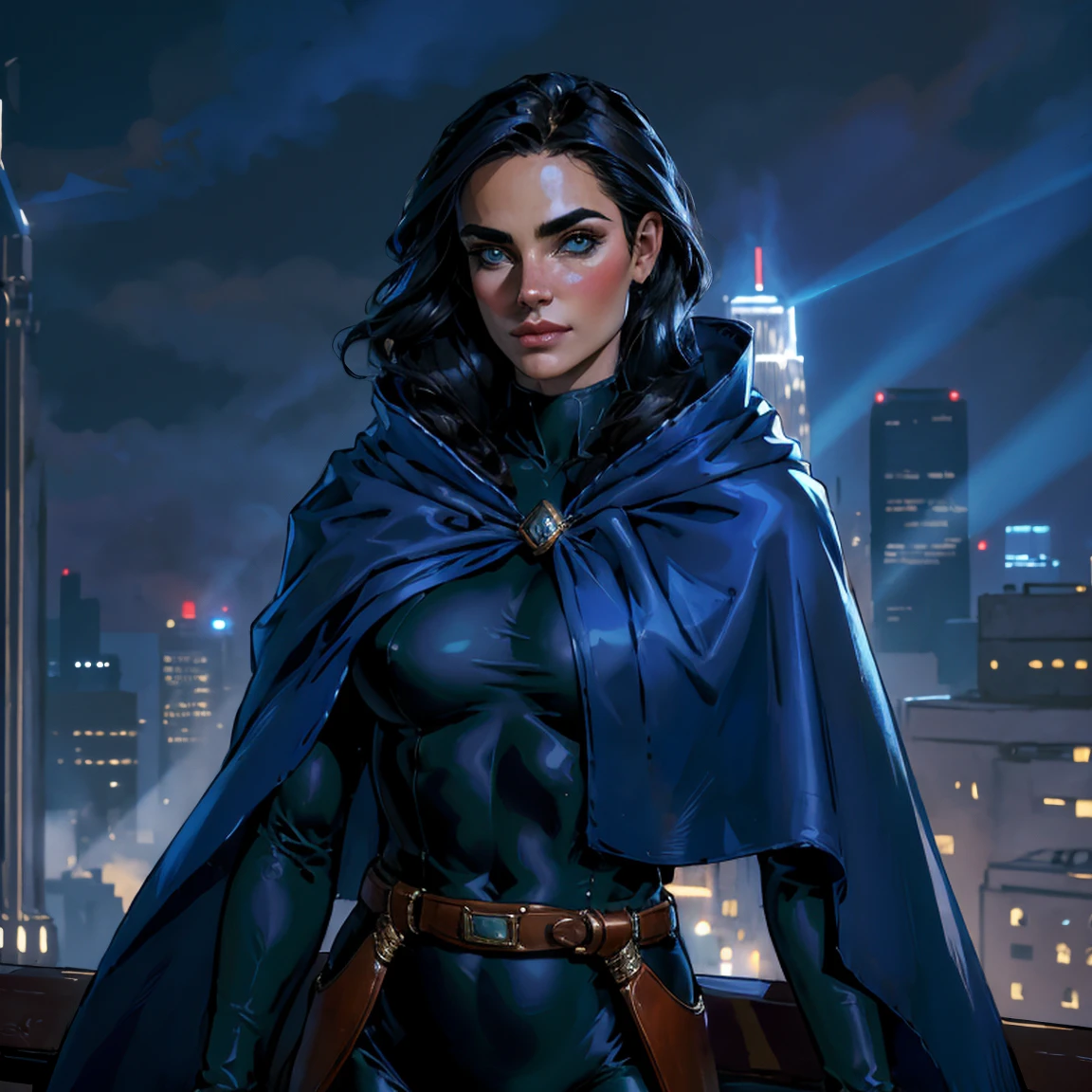 Masterpiece, Jennifer Connelly, cowboy shot, RavenTT, wearing a sexy RavenTT navy-blue cloak, black leotard, brooch, belt, perfect detailed eyes, delicate smile on your face, on the top of a loft in Los Angeles City at night with buildings and lights in the background bringing an elegant and modern air to the scene.