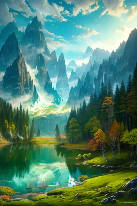 painting of a mountain lake with a green sky and mountains in the background, a fine art painting inspired by James Pittendrigh ...