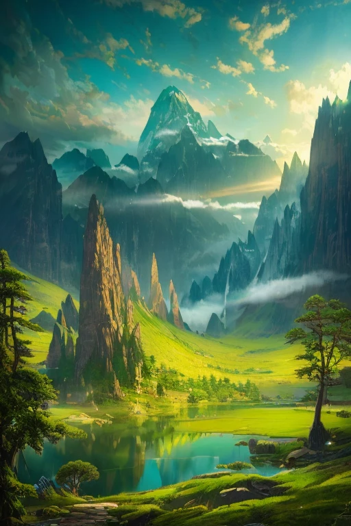 painting of a mountain lake with a green sky and mountains in the background, a fine art painting inspired by James Pittendrigh MacGillivray, cg society contest winner, hudson river school, wayne barlowe pierre pellegrini, micheal whelan, chris moore”, a lake between mountains, raphaël, style of tim hildebrandt, hildebrandt, high reflections oil