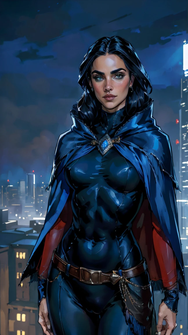 obra maestra, Jennifer Connelly, tiro de vaquero, raventt, wearing a sexy raventt navy-blue cloak, leotardo negro, broche, cinturón, ojos perfectos y detallados, sonrisa delicada en tu cara, en lo alto de un loft en la ciudad de Los Ángeles por la noche con edificios y luces al fondo aportando un aire elegante y moderno a la escena.