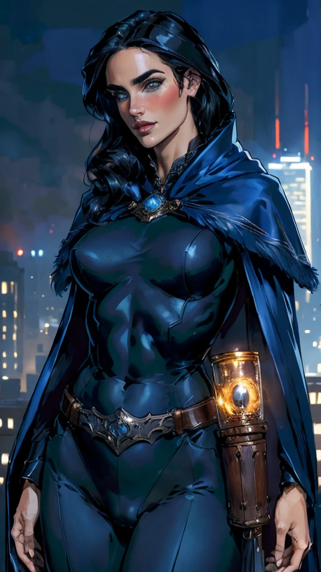 obra maestra, Jennifer Connelly, tiro de vaquero, raventt, wearing a sexy raventt navy-blue cloak, leotardo negro, broche, cinturón, ojos perfectos y detallados, sonrisa delicada en tu cara, en lo alto de un loft en la ciudad de Los Ángeles por la noche con edificios y luces al fondo aportando un aire elegante y moderno a la escena.