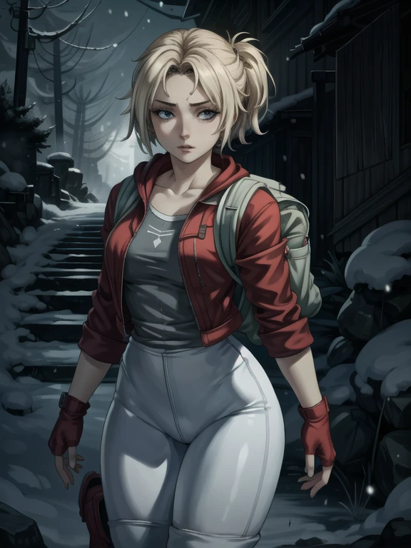 ((Best quality)), ((Masterpiece)), (detailed), (4K quality), (Detailed face:1.2), (Detailed eyes:1.2), (Perfect figure:1.2), 1girl, UDSam, solo, short hair, blonde hair, (Wearing: Red jacket, white leggings, fingerless gloves, snow boots and backpack:1.3), foggy and snowing weather snowy, blizzard, in a forest, upper body shot, night time ambiance, expressive eyes, detailed shadows, walking, detailed background. She's looking into the camera with a worried and determined feeling. This is a masterpiece that exudes exceptional quality and immersion. The illustration is ultra-detailed, Using HDR technology to create a sense of depth. Tone is isolation, gloomy, and anxiety driven, Full of spooky elements.
