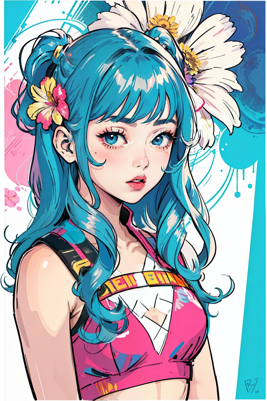 Create digital artwork in the Pop Art style, Featuring a vibrant and confident young Asian girl，street fashion, Movie color scheme, Surrounded by vintage flower motifs, Vibrant brushstrokes,Emotions should be dynamic, Upper body, Drawing, illustration, escala cinza, tropical, Many flowers,