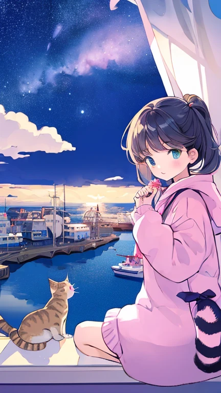 high quality、Detailed background、in 8K、Seaside town、Beautiful girl、Cute Hairstyles、Overlooking the cityscape、Midnight,detailed、pastel colour、shooting star、ripple，((Cat))、