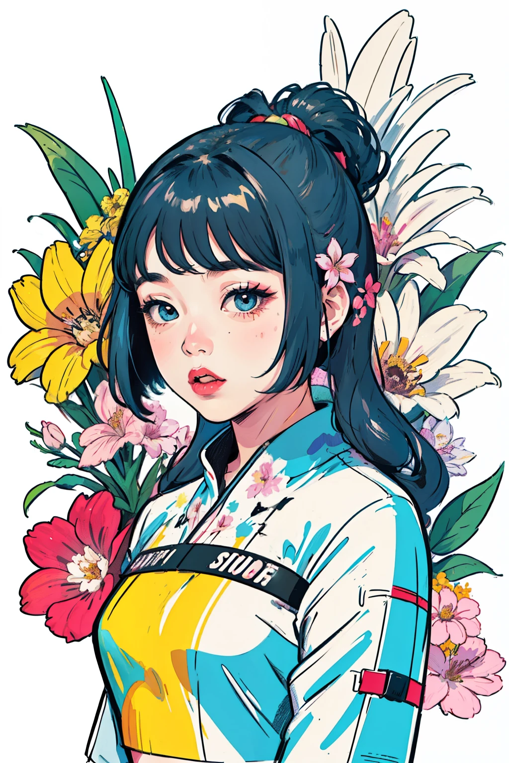 Create digital artwork in the Pop Art style, Featuring a vibrant and confident young Asian girl，street fashion, Movie color scheme, Surrounded by vintage flower motifs, Vibrant brushstrokes,Emotions should be dynamic, Upper body, Drawing, illustration, escala cinza, tropical, Many flowers,