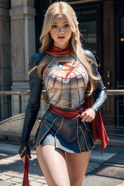 (Best quality, masterpiece, absurd)),1girl:1.3, solo:1.3,Beautiful woman,blue expressive eyes, beautiful woman,long blonde hair, 21 years, solo, 1girl,hourglass body,huge breasts, defined body, wearing superman cosplay((Supergirl cosplay bodysuit, skirt (waist up to half of thigh)supergirl, supergir short red cape)), bright colors