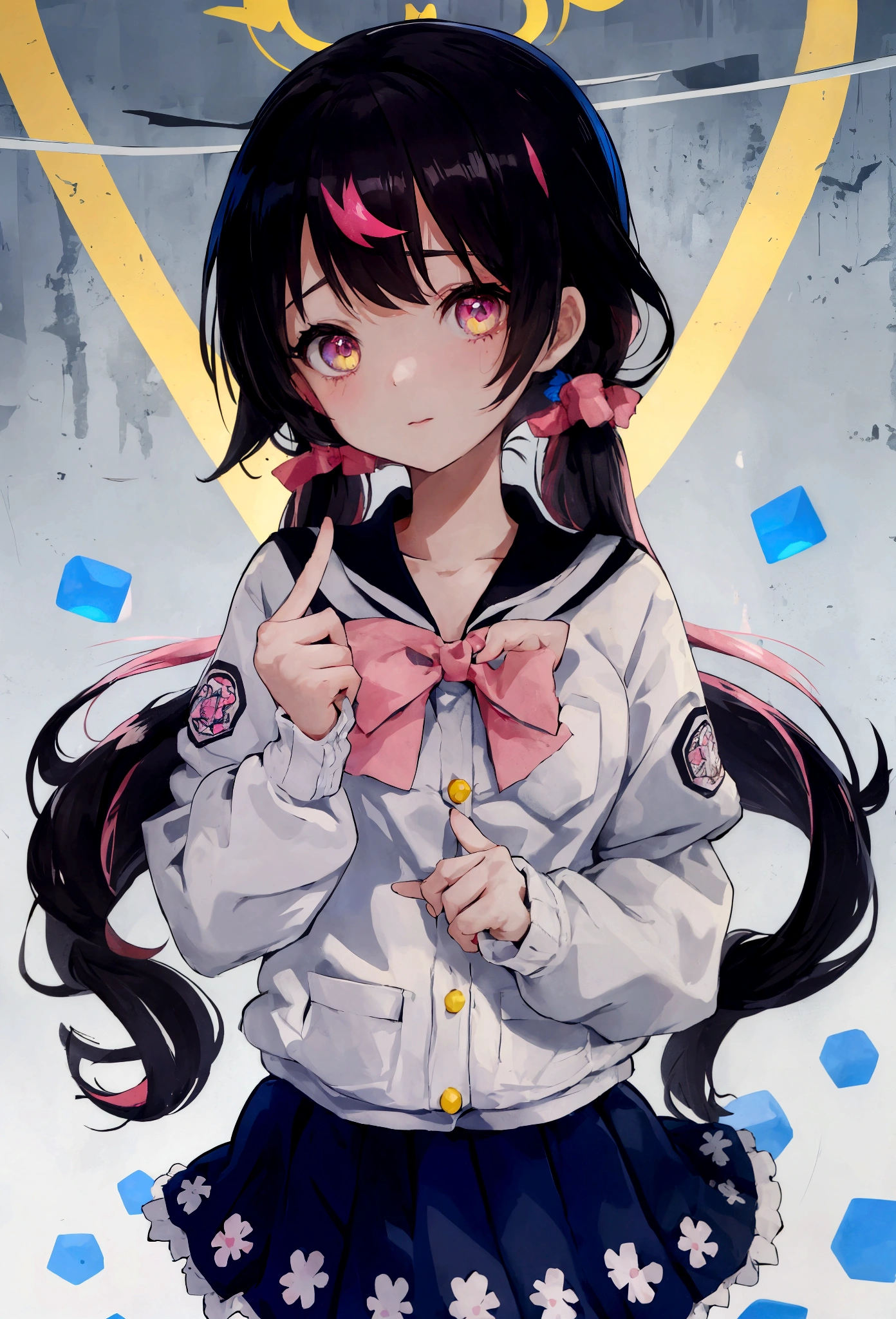 una chica anime de ojos rojos, black hair with pink highlights with a small hair bow with small blue and yellow cubes decorated on the bow, en el lado derecho de la cabeza. Ella viste un uniforme escolar destrozado. ojos brillan mientras expresa furia por sus ojos