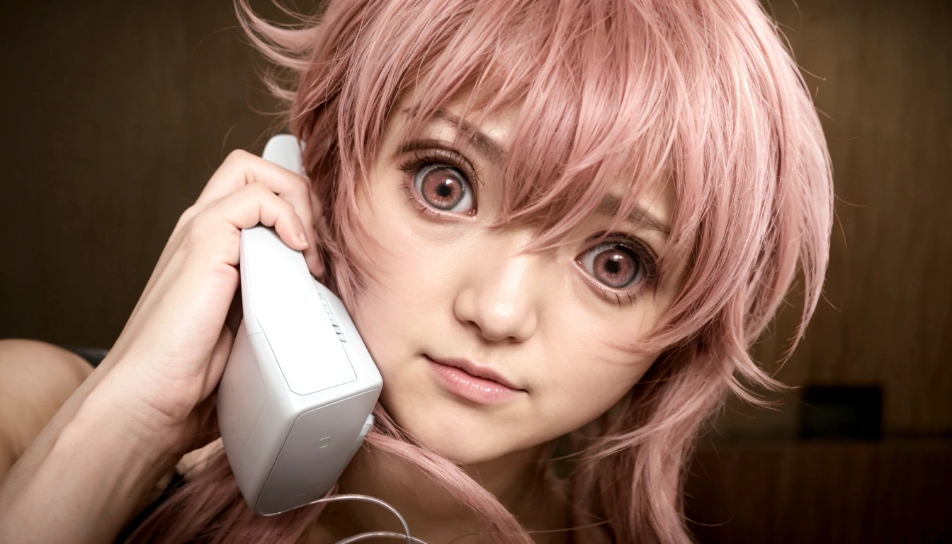 Anime girl with pink hair talking on cell phone., Mirai nikki, chica anime llamada gasai yuno, grandes ojos rosados, gasai yuno, primer plano de otro iwakura, moe, gasai yuno, ella tiene una linda cara expresiva, gasai yuno, captura de pantalla de un anime de 2012, in the anime movie, escena!!, Impactante