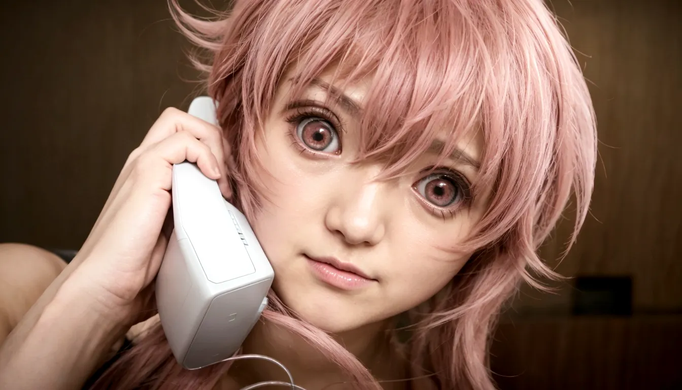 anime girl with pink hair talking on cell phone., mirai nikki, chica anime llamada gasai yuno, grandes ojos rosados, gasai yuno,...