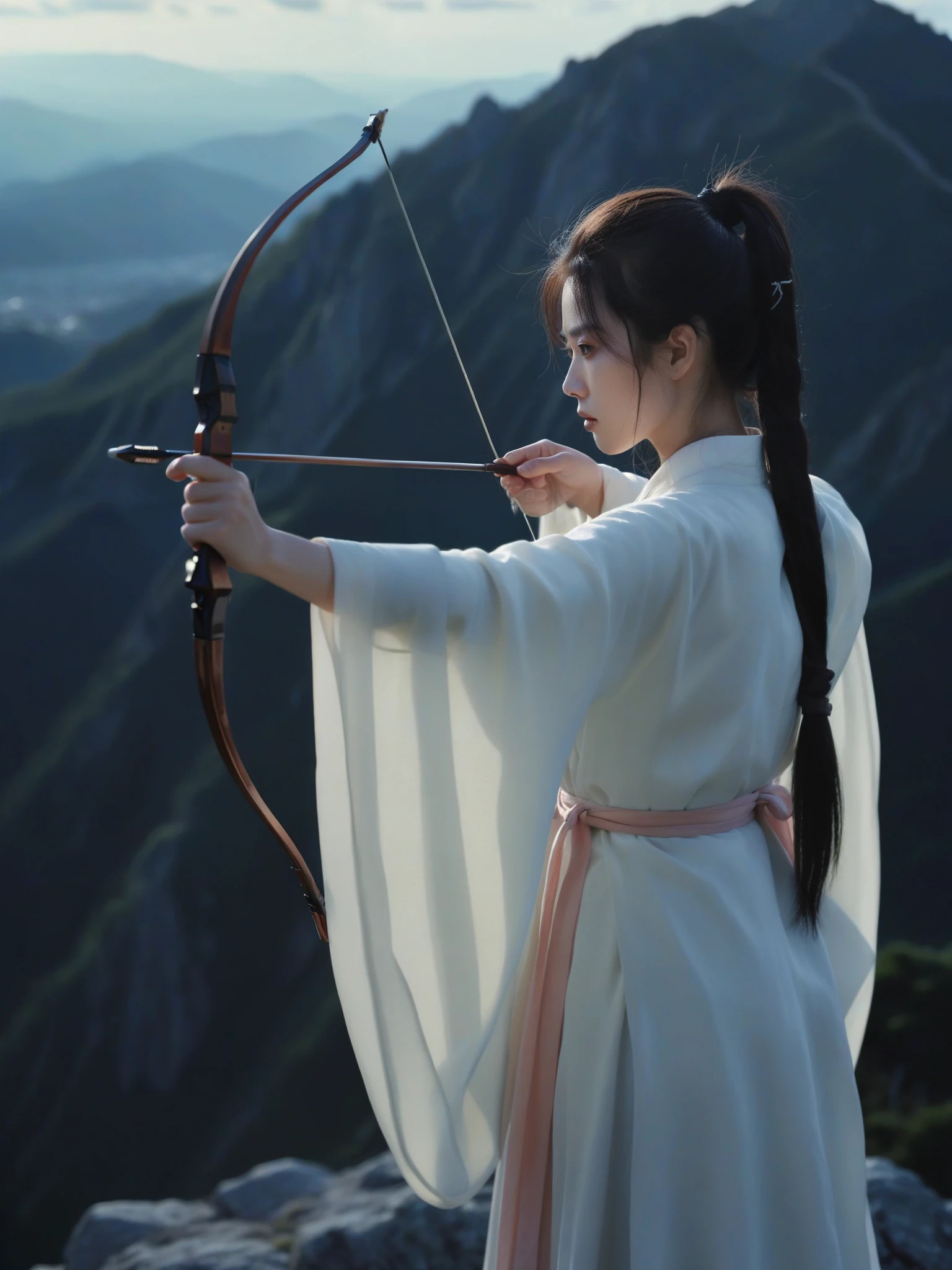 a stunning film photograph, close shot of a (girl/pony tail) wearing (hanfu), pointing with a (perfect bow), (Aiming a Bow:1.2), (Standing on the mountaintop), 
dramatic cinematic film lighting, (prefect hand/4fingers),
very strong contrast, dramatic Lighting,
strong visual contrast, terrifying, from below,
Tsutomu Nihei, cinematic film style, special effects, VFX, award-winning picture, highly detailed, ultra-high resolutions, 32K UHD, sharp focus,
(photorealistic:1.5), (Extremely realistic, masterpiece, top quality, official art, best quality, beautiful and aesthetic:1.2), 4k, 8k, 
very rich details,  