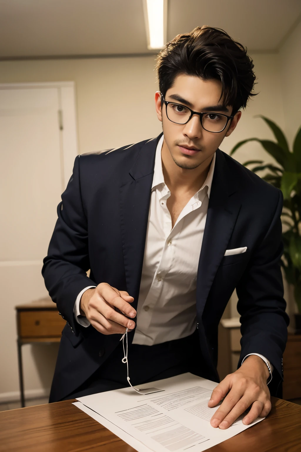 best quality, masterpiece, 8K, HD, masculine, 30 year-old filipino gentleman, very muscular, tanned skin, stylish hair, glasses on top of head, tight business suit, ((shirtspread)), vpl, papers and folders on table, tall indoor plants, big bubble butt, looking directly at camera, very seductive expression, golden ratio, sexy, god rays, soft lighting, dynamic shadows, sharp focus, perfection, no watermark