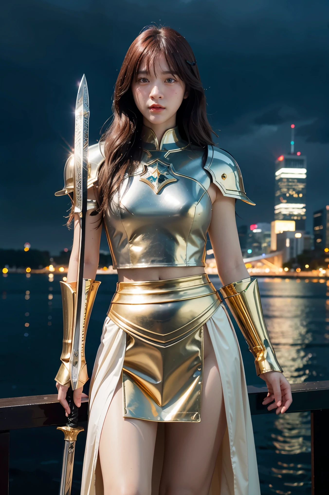 (masterpiece, best quality), A paladin holding a light infused sword, light magic, divine, magewave, silver and gold, 4k, dark cityscape, Fujifilm