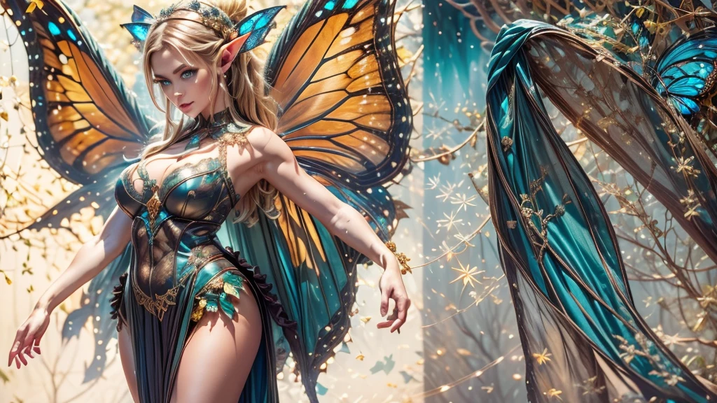 Beautiful faerie woman, elf ear, flying, massive monarch butterfly wings between shoulder blades, glowing blue eyes, detailed proportional hands, proportional body, firm breast, frank Frazzetta painting style, (Best Quality:1.4), (Ultra-detailed), (extremely detailed CG unified 8k wallpaper), Highly detailed, RAW Photos, Professional Photography, plein air, Illumination, (Super fancy photos:1.4), (Dazzling light), Radiant Photography, depth of fields