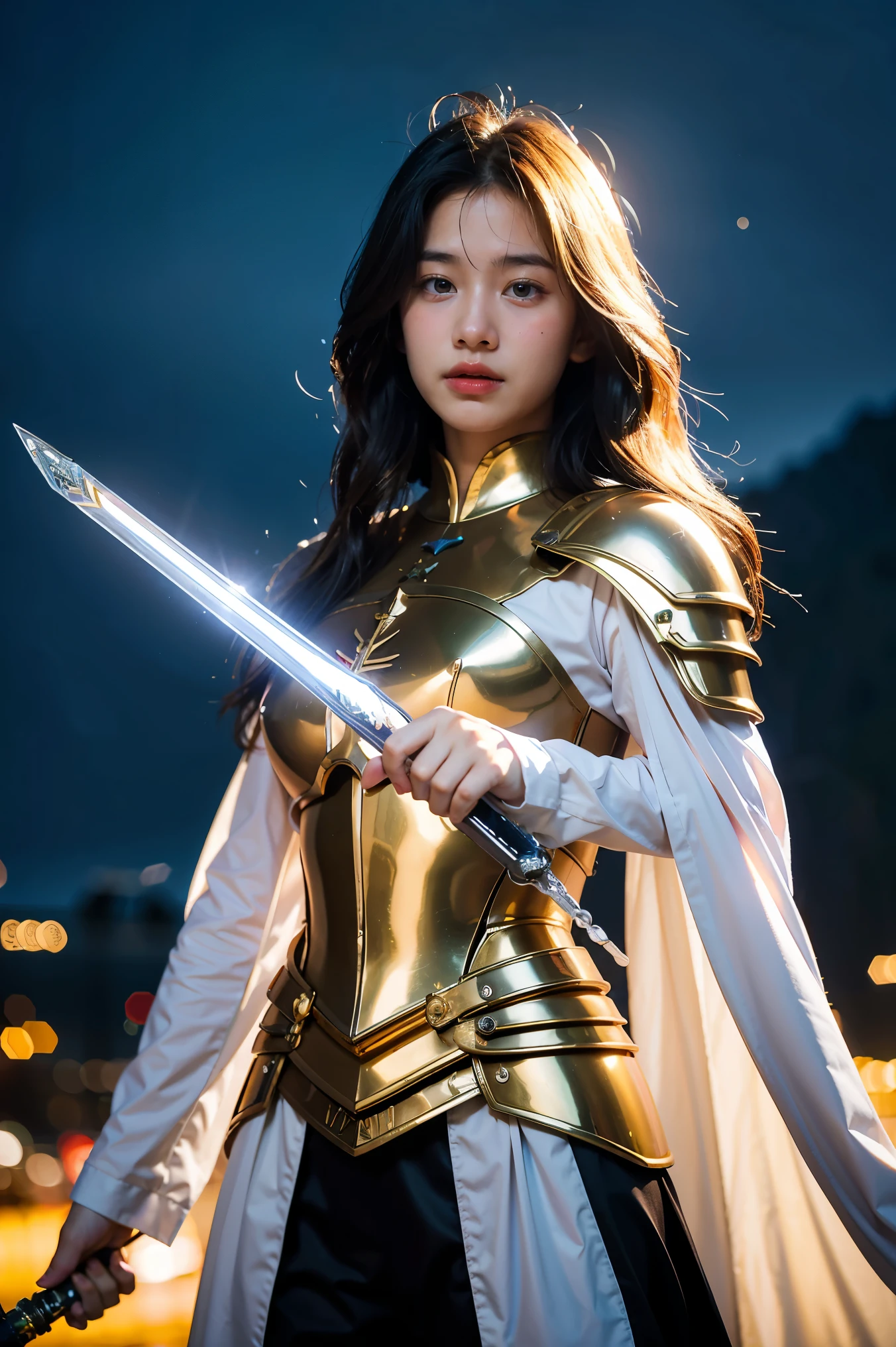 (masterpiece, best quality), A paladin holding a light infused sword, light magic, divine, magewave, silver and gold, 4k, dark cityscape, Fujifilm