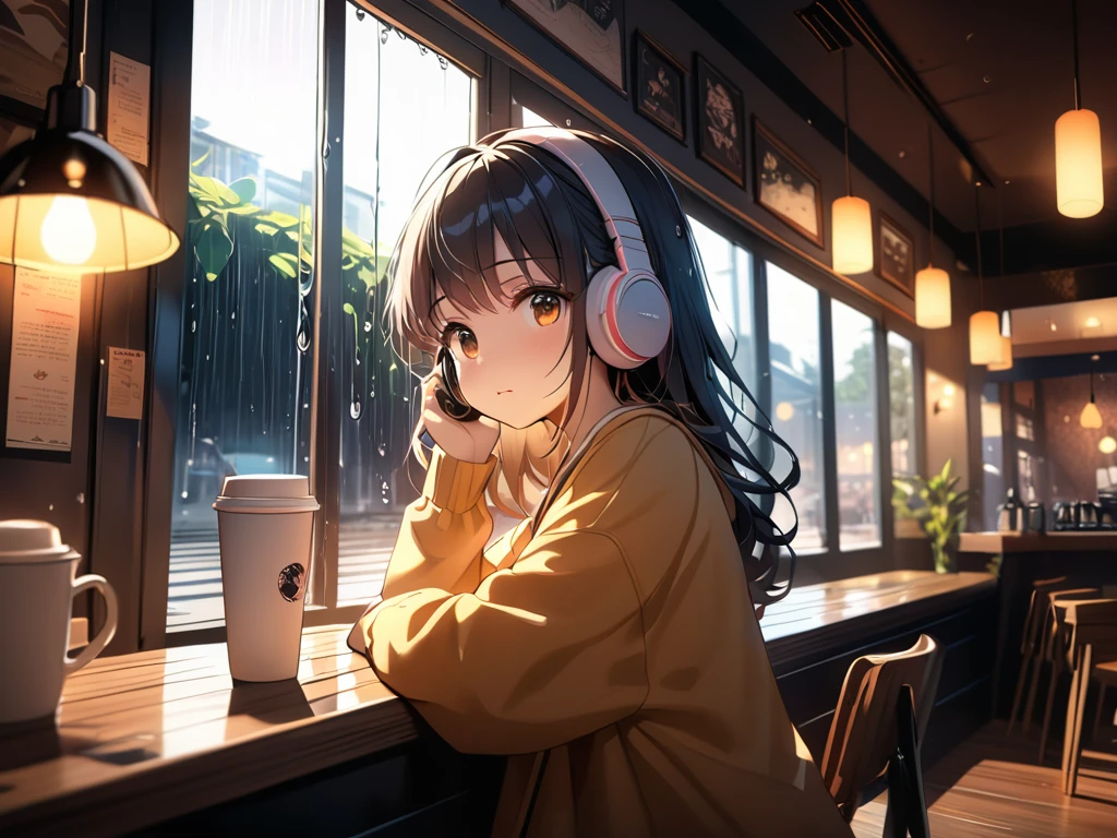 highest quality, Ultra-high resolution, One Girl, Morning Cafe、Drink coffee、cute,(Black Hair:1), ((Puffy eyes)), Looking out the window(Depth of Field HDR 8K 4K Wallpaper Cinematic Angle, Cafe lighting(masterpiece, highest quality:2.0),headphone,listen to music,rain.,rain