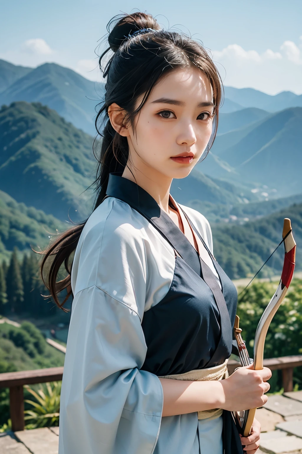 chinese girl, pointing a bow and arrow, archery, silver hair, long ponytail, cool expression, wearing hanfu, kimono, kyudo, on a mountain top,  cinematic film style, special effects, VFX,highly detailed, ultra-high resolutions, 32K UHD, sharp focus, (photorealistic:1.5), (Extremely realistic, masterpiece, top quality, official art, best quality, beautiful and aesthetic:1.2),