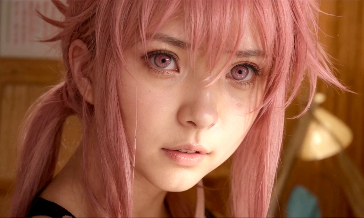 a woman with pink hair and pink eyes looks at the camera, Mirai nikki, Cero dos, primer plano de otro iwakura, primer plano de otro iwakura, estilo anime Gainax, in the anime movie, captura de pantalla de un anime de 2012, chica anime llamada gasai yuno, tiene una mirada penetrante, primer plano de una joven chica anime