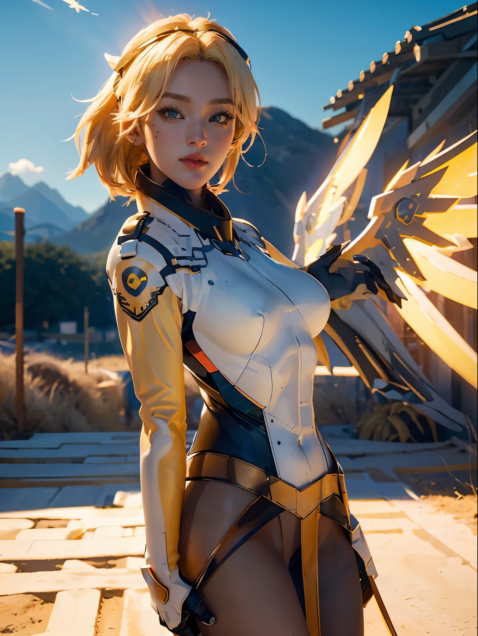 1girl, solo, mercy (overwatch), mechanical halo, breasts, blue eyes, blonde hair, pantyhose, mechanical wings, wings, halo,  holding, bodysuit,  yellow wings, brown pantyhose, lips, gloves, pelvic curtain, black gloves, big breast, full body, blue sky, green field with mountains, (realism:1.2), (masterpiece:1.2), (best quality), (ultra detailed), (8k, intricate), (85mm), light particles, lighting, (highly detailed:1.2), (detailed face:1.5), (gradients), sfw, colorful, (detailed eyes:1.2), (detailed background), (rule of third_composition:1.3), (Line of action:1.2), wide shot, daytlight, solo.