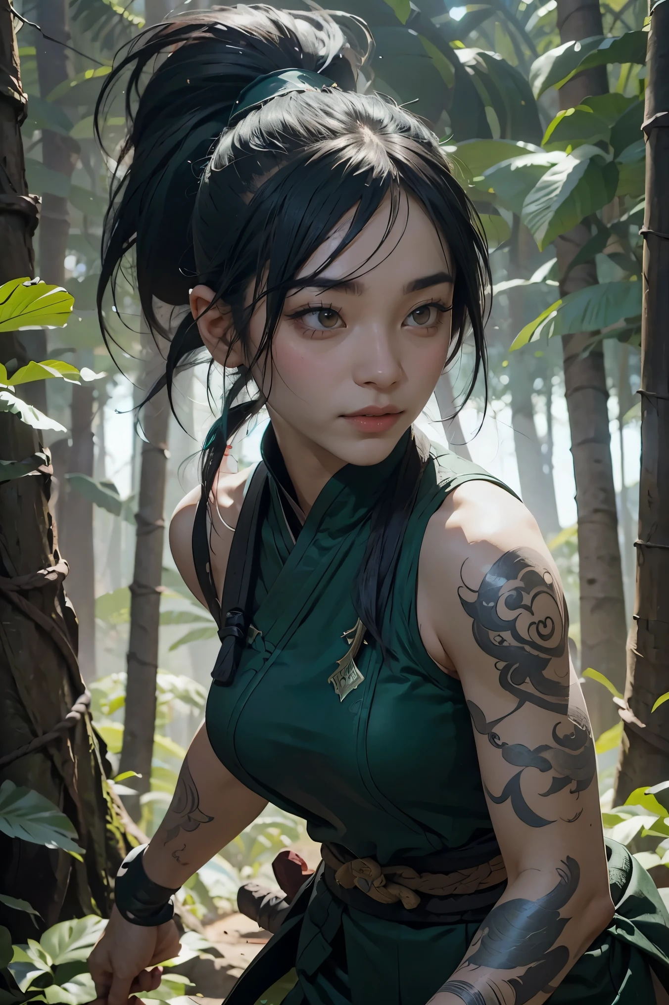 Tatuagem de Akali no ombro em League of Legends，uma pessoa，papel de parede，Plano de fundo na floresta，design de personagens de jogos，rabo de cavalo alto，Sentido super leve，Ninja feminino。