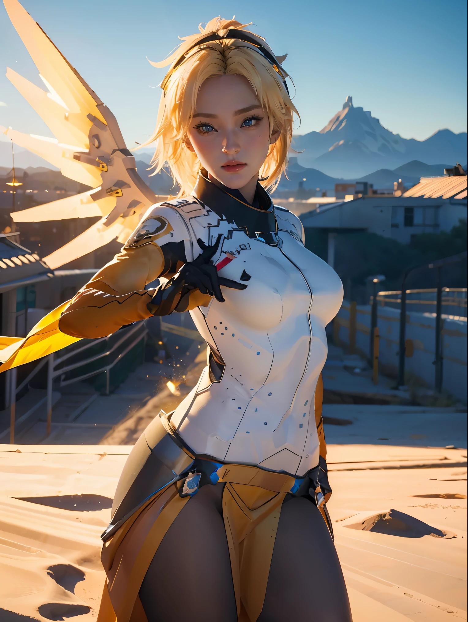 1girl, solo, mercy (overwatch), mechanical halo, breasts, blue eyes, blonde hair, pantyhose, mechanical wings, wings, halo,  holding, bodysuit,  yellow wings, brown pantyhose, lips, gloves, pelvic curtain, black gloves, big breast, full body, blue sky, green field with mountains, (realism:1.2), (masterpiece:1.2), (best quality), (ultra detailed), (8k, intricate), (85mm), light particles, lighting, (highly detailed:1.2), (detailed face:1.5), (gradients), sfw, colorful, (detailed eyes:1.2), (detailed background), (rule of third_composition:1.3), (Line of action:1.2), wide shot, daytlight, solo.