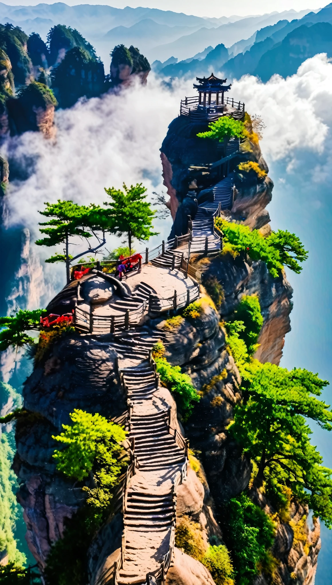 With ultra-high definition images、A breathtaking panorama opens up:A small temple with intricate carvings atop a rocky mountain in Guizhou, China。exuding a warm and inviting ambiance。The clouds form a picturesque backdrop、Adds a sense of serenity and tranquility。The temple architecture, perched precariously on the top of a sharp rocky mountain,、Reach out and touch the intricate carvings、Feel the cool breeze blowing from the top of the mountain、It&#39;s an amazingly realistic sight。