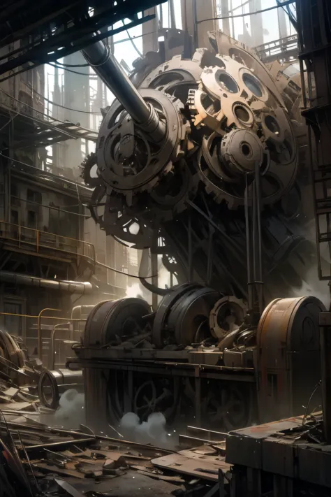 city ​​in technological ruins with gears and pipes blowing steam