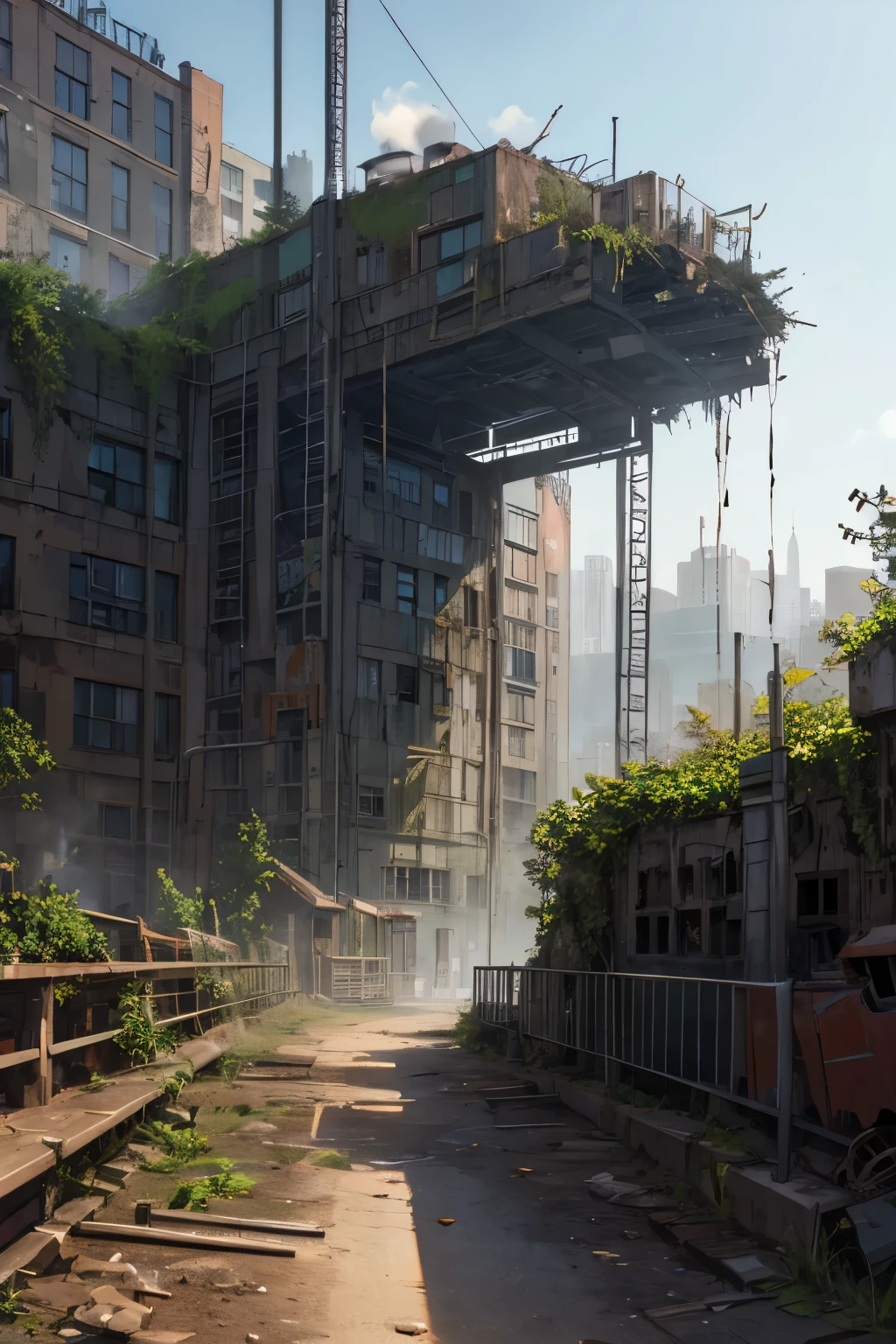 a park in a city in technological ruins with gears and pipes belching steam