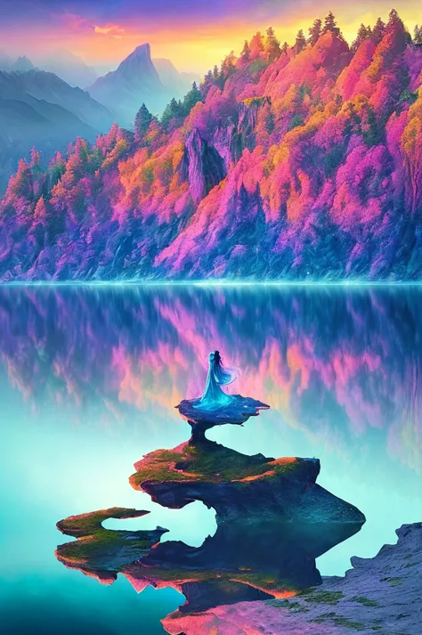 photography that captures the essence of a magical dream world. the cliff of epic legend，hanging over a beautiful lake, surreal ...