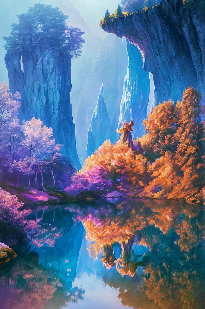 Photography that captures the essence of a magical dream world. The cliff of epic legend，Hanging over a beautiful lake, Surreal and vibrant colors light up its reflections. The atmosphere is otherworldly, Soft nightlight casts ethereal shadows. Images create a sense of depth and mystery, It&#39;s as if the audience is transported to another dimension, Create beautiful and memorable compositions.huge dragon monster,Reference Space Warrior Bahamut,silver white gold bahamut. The shocking feeling of an epic legend, Shot using Canon EosIII Zeiss 120mm wide angle