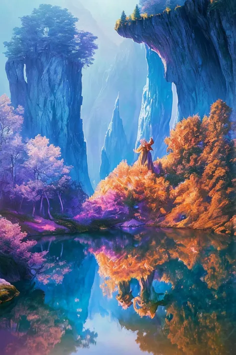 photography that captures the essence of a magical dream world. the cliff of epic legend，hanging over a beautiful lake, surreal ...