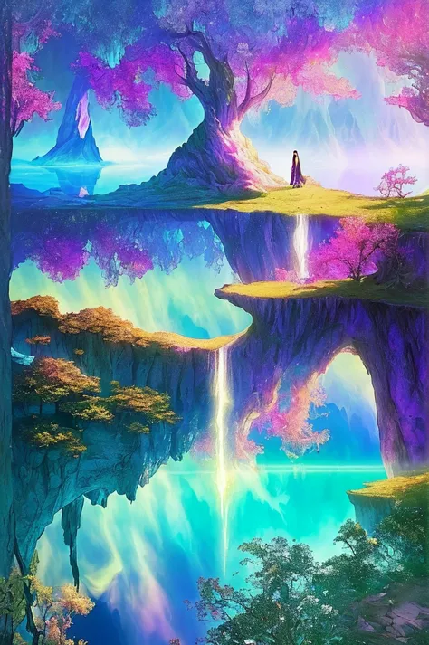 photography that captures the essence of a magical dream world. the cliff of epic legend，hanging over a beautiful lake, surreal ...