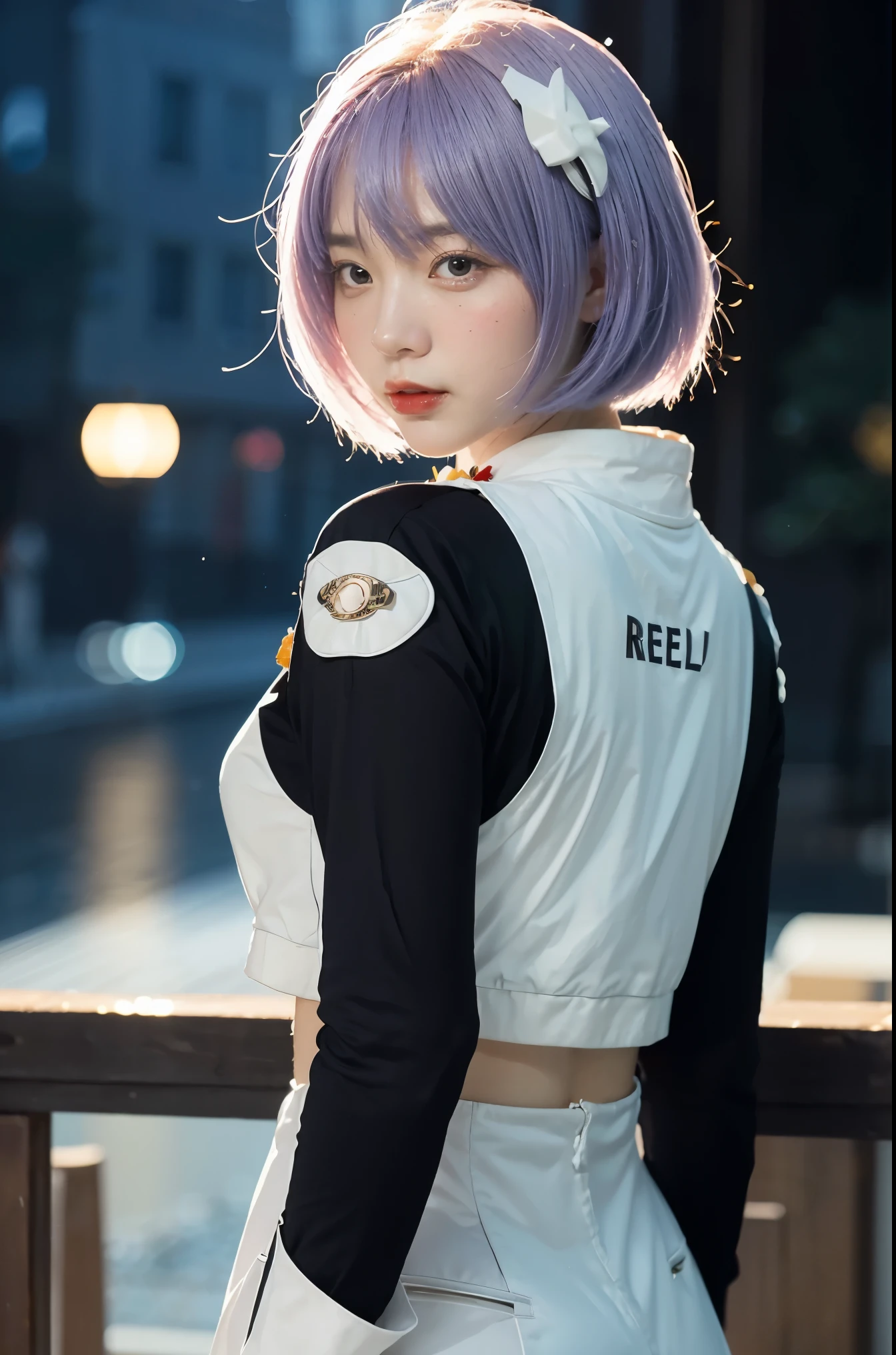 (Meilleure qualité, chef-d&#39;œuvre, Coloré, Angle dynamique, highest détaillé)(\rei ayanami\), Photo du haut du corps, photographie de mode d&#39;une jolie fille (\rei ayanami\), les yeux rouges, dressing high détaillé Evangelion white suit (textures haute résolution), en pose dynamique, bokeh, (détails complexes, hyperdétaillé:1.15), détaillé, le clair de lune traverse les cheveux, (fond de couleurs fantastiques, art officiel, extreme détaillé, highest détaillé), HDR+