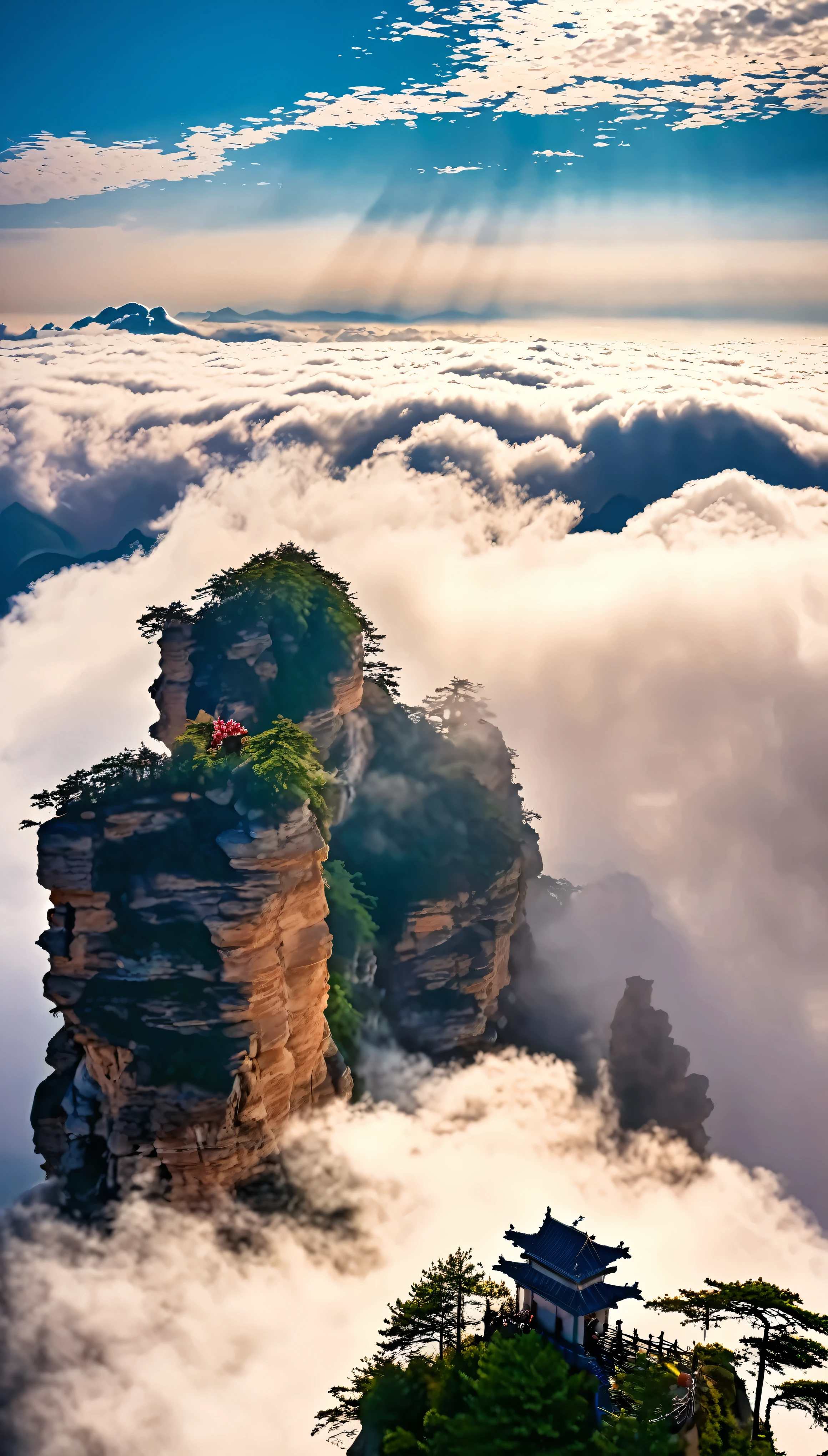 With ultra-high definition images、A breathtaking panorama opens up:A small temple with intricate carvings atop a rocky mountain in Guizhou, China。exuding a warm and inviting ambiance。The clouds form a picturesque backdrop、Adds a sense of serenity and tranquility。The temple architecture, perched precariously on the top of a sharp rocky mountain,、Reach out and touch the intricate carvings、Feel the cool breeze blowing from the top of the mountain、It&#39;s an amazingly realistic sight。