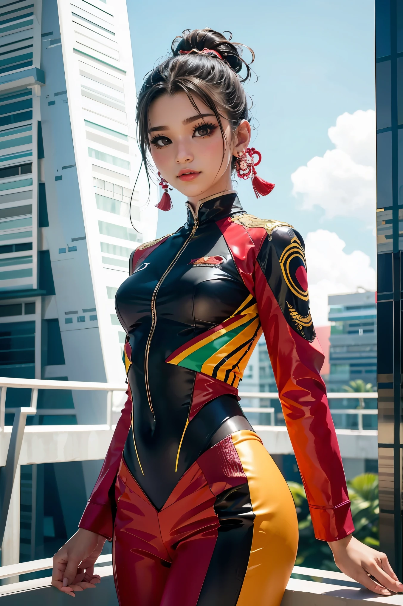 An Indonesian-styled futuristic suit worn by a girl depicting cultural fusion and modern fashion. The suit is adorned with intricate patterns and vibrant colors, showcasing the rich heritage of Indonesia. The girl stands confidently in a dynamic pose, with her detailed eyes reflecting determination and curiosity. The suit's material is a combination of traditional textiles and futuristic synthetic fabrics, giving it a unique and avant-garde appearance. The overall image quality is of the highest standard, with sharp focus and ultra-detailed rendering. The artwork employs physically-based rendering techniques, resulting in realistic lighting and shadows. The colors are vivid and vibrant, capturing the essence of Indonesian cultural aesthetics. The background features a fusion of modern architecture and traditional elements, creating a harmonious blend of the past and the future. The prompt explores the intersection of Indonesian culture, futuristic design, and the artistic representation of a confident girl.