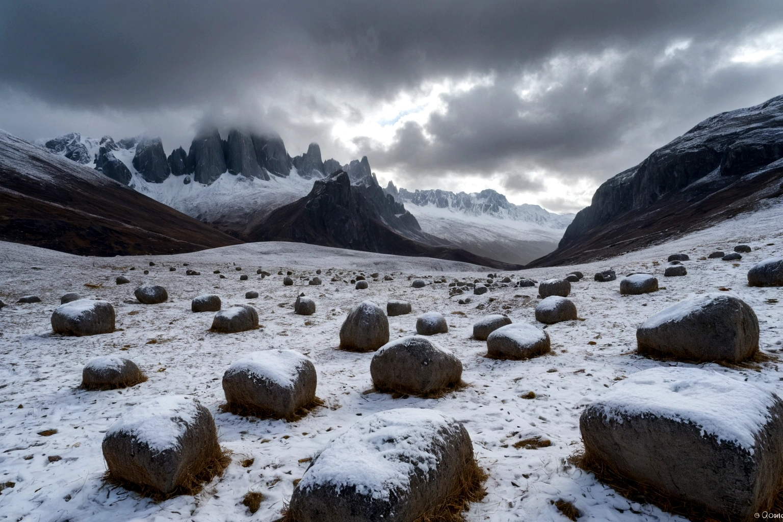 ((CIELO GRIS PLOMO)), (hay una fortaleza de concreto brutalista) (hay una fortaleza de concreto brutalista) (hay una fortaleza de concreto brutalista) ON AN ALIEN PLANET STEEP AND INTRINSIC MOUNTAINS WITH SHARP ROCKS WITH SNOW AND ICE, EL CIELO TORMENTOSO APLOMADO, GRAY AND COLD HAS THE CLOUDS DESTROYED BY THE FREEZING WIND FROM THE POLE, IMAGEN HIPER REALISTA, MAXIMUM DEPTH OF FIELD, MAXIMUM HDR 4K RESOLUTION, PERSPECTIVA PERFECTA
