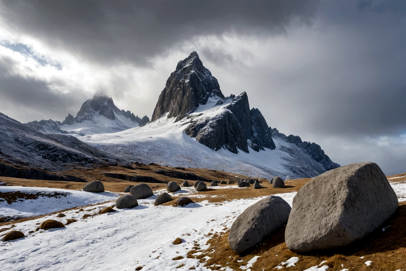 ((CIELO GRIS PLOMO)), (hay una fortaleza de concreto brutalista) (hay una fortaleza de concreto brutalista) (hay una fortaleza de concreto brutalista) ON AN ALIEN PLANET STEEP AND INTRINSIC MOUNTAINS WITH SHARP ROCKS WITH SNOW AND ICE, EL CIELO TORMENTOSO APLOMADO, GRAY AND COLD HAS THE CLOUDS DESTROYED BY THE FREEZING WIND FROM THE POLE, IMAGEN HIPER REALISTA, MAXIMUM DEPTH OF FIELD, MAXIMUM HDR 4K RESOLUTION, PERSPECTIVA PERFECTA
