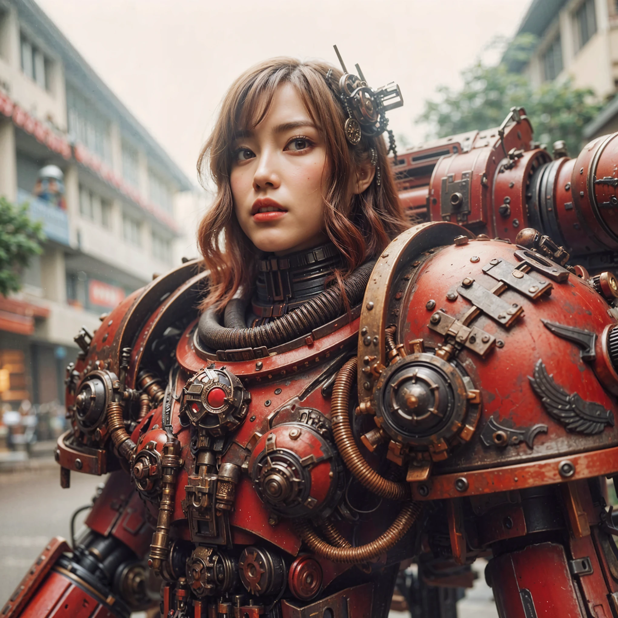 (masterpiece, best quality:1.2), (8k uhd, 16k, 32k, ultra high res), realistic photo, superrealism, (The main subject: Wide-angle lens), steampunk, (beautiful girl face), (Show on the(humongous)Power mech suit), (super intricate all details), (super realistic all textures),  red color,  (warhammer40k)，Realistic metal mech,Standing in the street