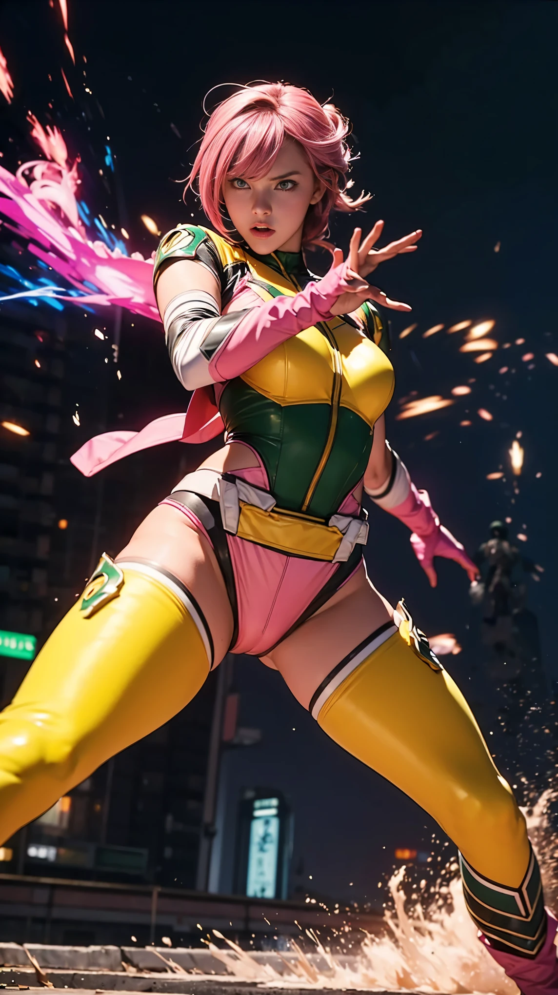 Solo, A brave and courageous image of a 6 member ranger team, Each one is decorated in vibrant colors such as:: ((Pink)), red is front of center, violet, Green, yellow, blue black, white,. Dynamic poses in a background that exudes energy and courage, neon, fire, plasma, Fluorescent, shocking, pink big bomber, splashing pink, running, fighting pose, action pose, Embodying the essence of the classic Sentai superhero team. Each Ranger:: The attire is sophisticated and modern, Each color has elements that reflect its theme., Ready for action. ((Camel Toe)), weapons, in sunset background , in cinematic lighting, cover art mixed cinema poster style,