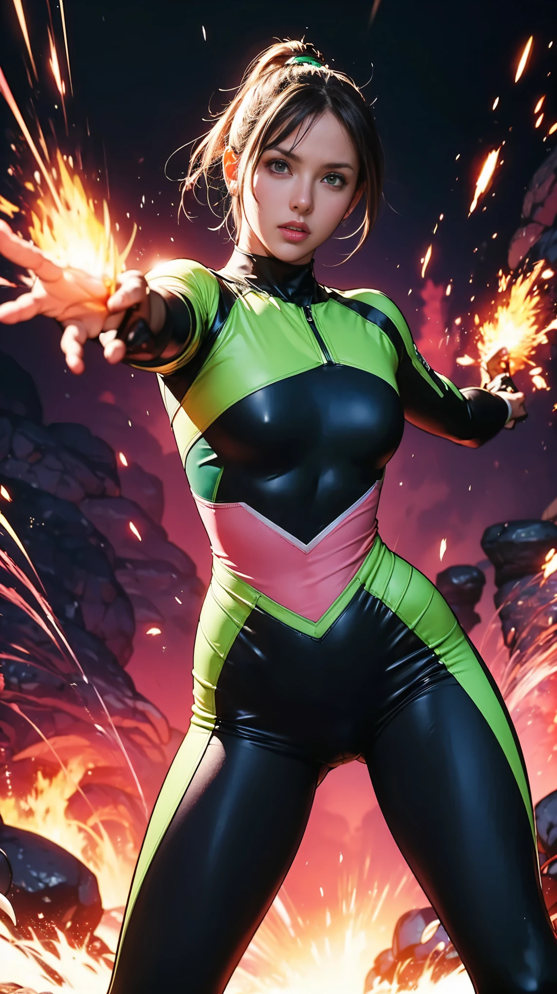 Solo, A brave and courageous image of a 6 member ranger team, Each one is decorated in vibrant colors such as:: ((Pink)), red is front of center, violet, Green, yellow, blue black, white,. Dynamic poses in a background that exudes energy and courage, neon, fire, plasma, Fluorescent, shocking, pink big bomber, splashing pink, running, fighting pose, action pose, Embodying the essence of the classic Sentai superhero team. Each Ranger:: The attire is sophisticated and modern, Each color has elements that reflect its theme., Ready for action. ((Camel Toe)), weapons, in sunset background , in cinematic lighting, cover art mixed cinema poster style,