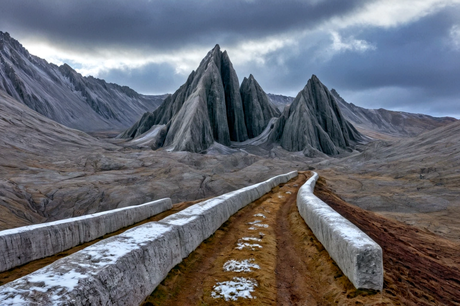 (有一座混凝土堡垒 ) (有一座混凝土堡垒 ) (有一座混凝土堡垒) (有一座混凝土堡垒 ) (有一座混凝土堡垒 ) (有一座混凝土堡垒)((铅灰色的天空)), (有一座混凝土堡垒 ) (有一座混凝土堡垒 ) (有一座混凝土堡垒 ) 在一个外星球上，有陡峭而深邃的山脉，有锋利的岩石，还有冰雪, 暴风雨的天空, 灰暗而寒冷的云层已被来自极地的寒风摧毁, 超真实的图像, 最大景深, 最大 HDR 4K 分辨率, 完美的视角
