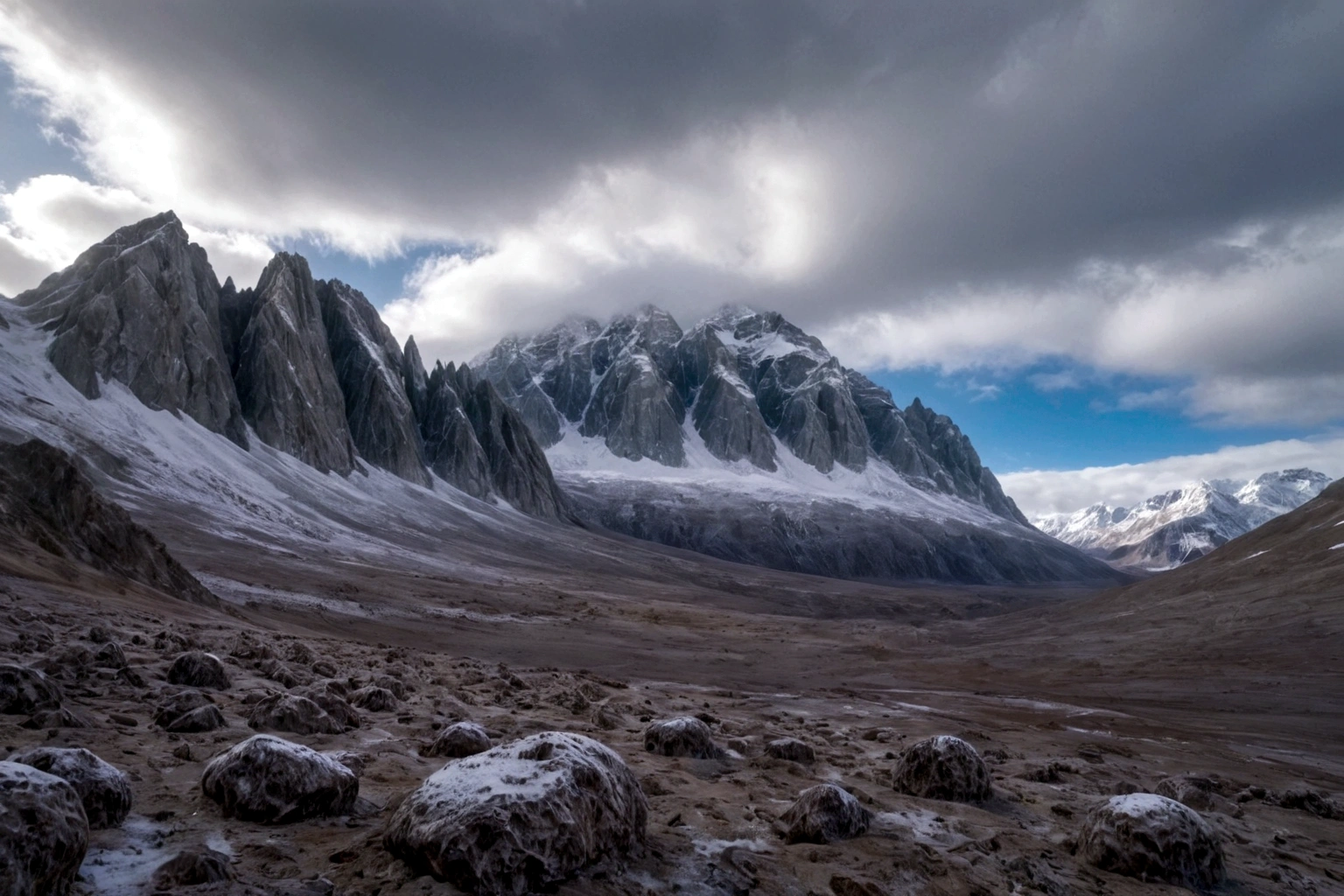ON AN ALIEN PLANET STEEP AND INTRINSIC MOUNTAINS WITH SHARP ROCKS WITH SNOW AND ICE, EL CIELO TORMENTOSO APLOMADO, GRAY AND COLD HAS THE CLOUDS DESTROYED BY THE FREEZING WIND FROM THE POLE, IMAGEN HIPER REALISTA, MAXIMUM DEPTH OF FIELD, MAXIMUM HDR 4K RESOLUTION, PERSPECTIVA PERFECTA PARA fortaleza alien
